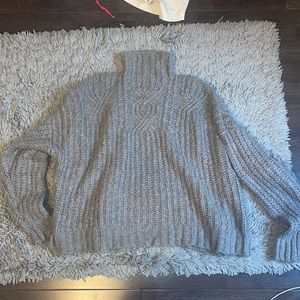 Aerie Mock Neck Cable Knit Sweater Wool Blend Grey